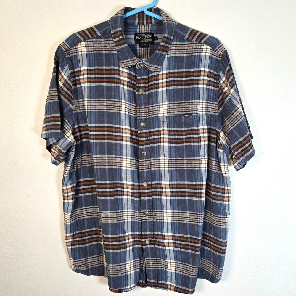 Pendleton Short Sleeve Shirt Men's XL Blue Plaid Linen Blend Casual Summer Work